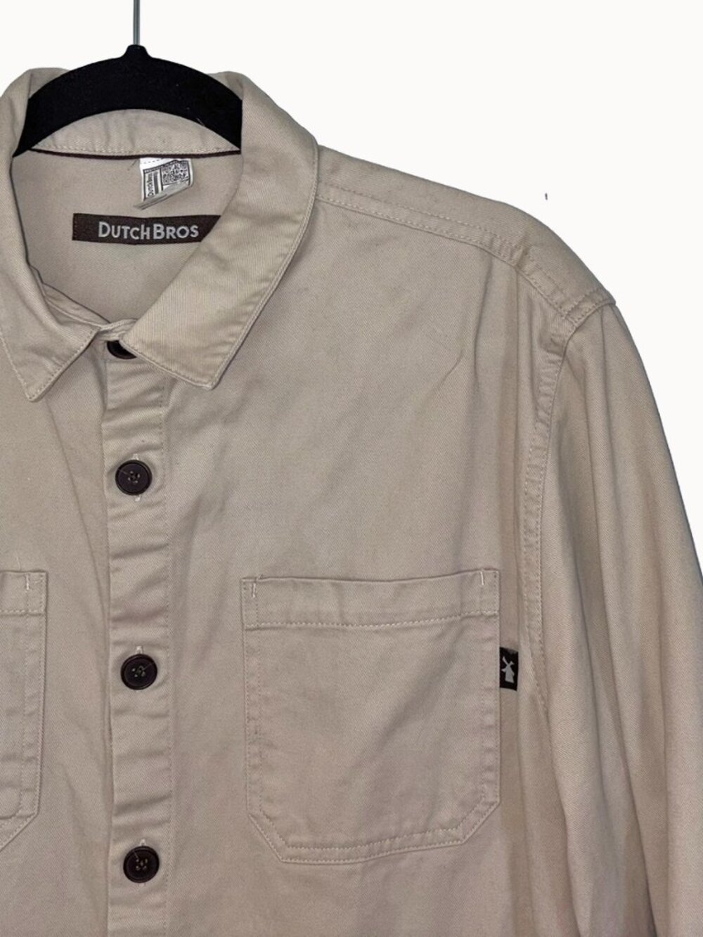 Dutch Bros. 100% Cotton Tan Utility Jacket - Size Medium Details: Seven button c